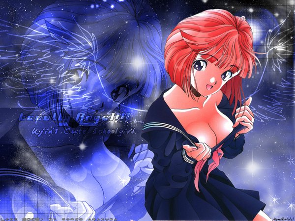 Anime picture 1024x768 with ujin single looking at viewer short hair open mouth light erotic purple eyes signed cleavage red hair sparkle angel wings zoom layer girl wings star (stars)