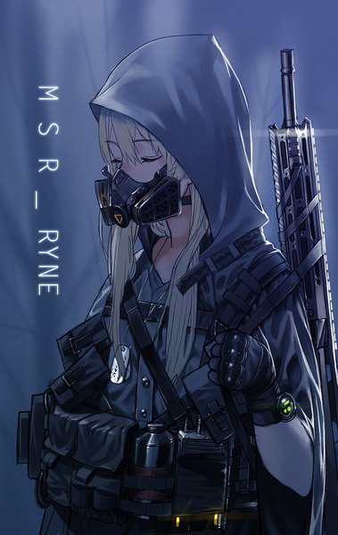 Anime picture 1033x1635 with original ihobus single long hair tall image fringe simple background blonde hair standing upper body eyes closed grey background wide sleeves gloves uniform weapon black gloves gun hood military uniform