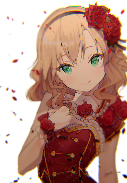 Anime picture 832x1200 with idolmaster idolmaster cinderella girls idolmaster cinderella girls starlight stage sakurai momoka yae (mono110) single long hair tall image looking at viewer blush simple background blonde hair smile white background green eyes signed upper body head tilt hair flower blurry