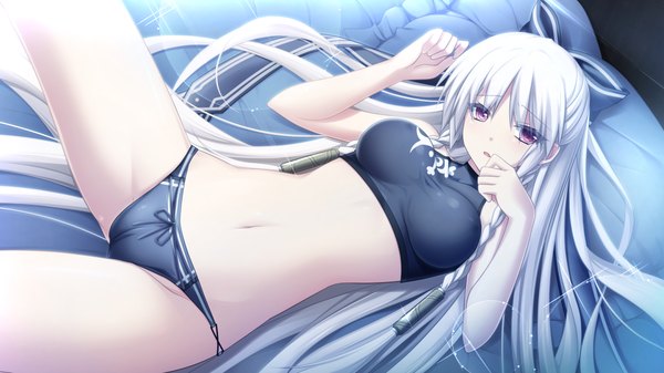 Anime picture 1280x720 with kami no rhapsody eushully mistoria (kami no rhapsody) single long hair light erotic red eyes wide image game cg white hair underwear only girl navel underwear panties bow hair bow