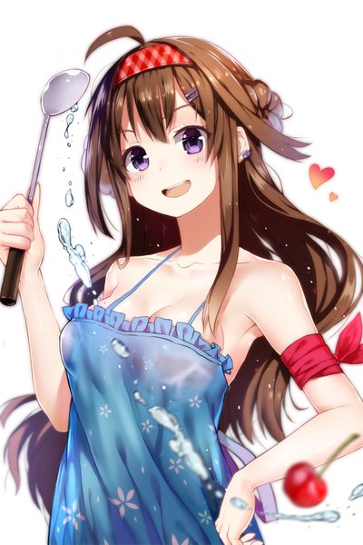 Anime picture 1000x1500 with kantai collection kongou battleship s a~ single long hair tall image looking at viewer blush simple background brown hair white background purple eyes ahoge depth of field girl dress water food heart hairband