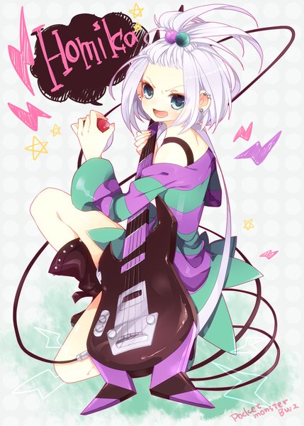 Anime picture 1680x2350 with pokemon nintendo roxie (pokemon) etsuo single tall image looking at viewer short hair open mouth sitting bare shoulders silver hair aqua eyes character names piercing girl hair ornament hair tie wire (wires) guitar