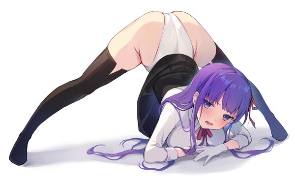 Anime picture 1200x752 with fate (series) fate/extra fate/extra ccc bb (fate) (all) bb (fate/extra) vivi (eve no hakoniwa) single long hair looking at viewer blush fringe light erotic simple background white background purple eyes purple hair full body ass top-down bottom-up jack-o' challenge