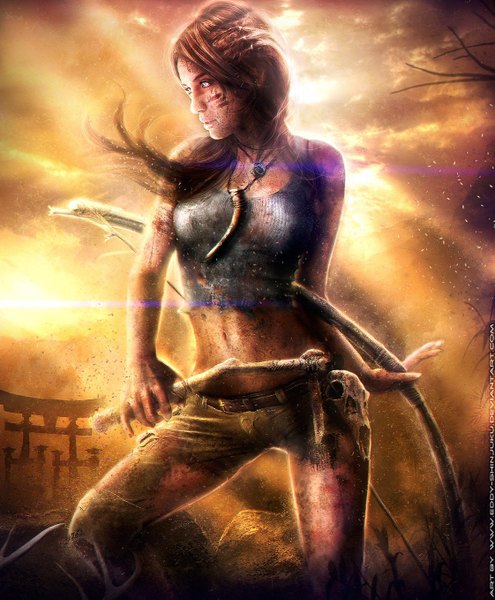 Anime picture 1121x1357 with tomb raider lara croft eddy-shinjuku single long hair tall image brown hair bare shoulders looking away cloud (clouds) profile torn clothes evening sunset girl navel weapon choker skull bow (weapon)