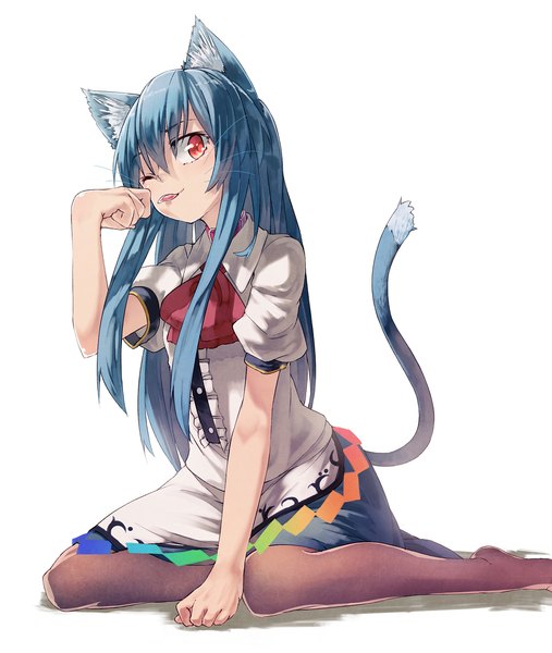 Anime picture 1100x1300 with touhou hinanawi tenshi ibuki notsu single long hair tall image looking at viewer fringe simple background red eyes white background sitting animal ears blue hair tail animal tail one eye closed wink cat ears short sleeves