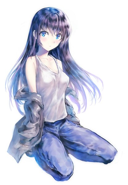 Anime picture 694x1000 with original iori (cpeilad) single long hair tall image looking at viewer blush fringe blue eyes black hair simple background white background sitting open clothes open jacket girl jacket pants sandals tank top