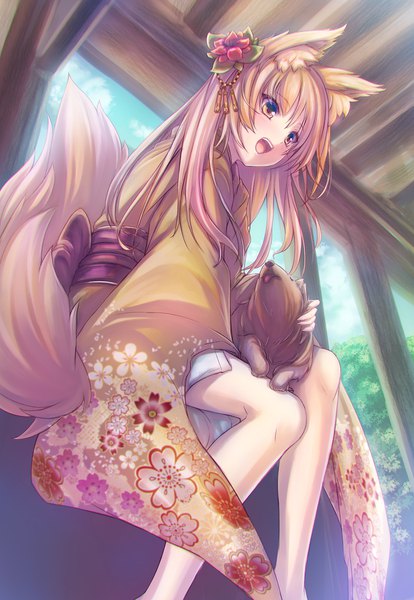 Anime picture 1450x2100 with original tenmaso single long hair tall image blush fringe open mouth blonde hair hair between eyes sitting brown eyes animal ears looking away bent knee (knees) tail traditional clothes japanese clothes animal tail wide sleeves