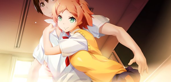 Anime picture 2250x1080 with brava! highres short hair black hair smile brown hair wide image green eyes game cg couple hug girl boy uniform school uniform shirt