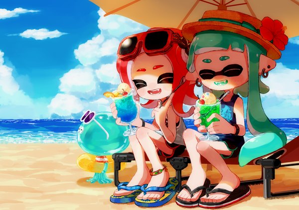 Anime picture 2700x1900 with splatoon splatoon 2 nintendo inkling octoling jellyfish (splatoon) myon rio long hair blush fringe highres short hair open mouth smile sitting bare shoulders multiple girls holding sky cloud (clouds)