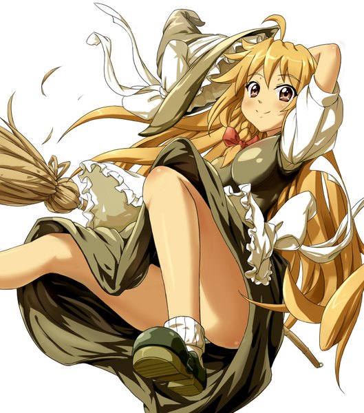Anime picture 1500x1700 with touhou kirisame marisa single long hair tall image simple background blonde hair smile white background brown eyes ahoge girl dress hat witch hat broom