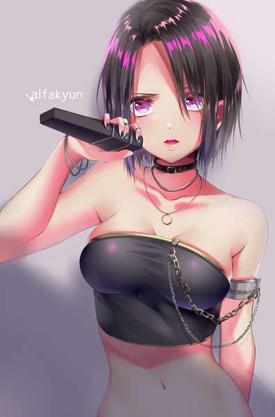 Anime picture 990x1500 with nico nico singer alfakyun yache single tall image looking at viewer blush fringe short hair breasts open mouth light erotic black hair simple background hair between eyes large breasts standing bare shoulders holding cleavage