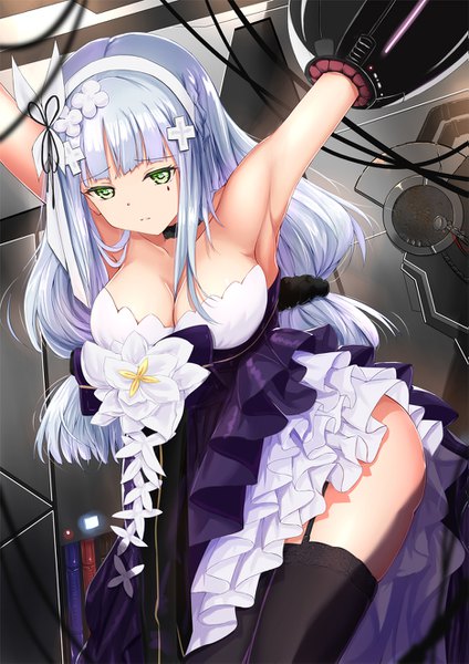 Anime-Bild 935x1323 mit girls frontline hk416 (girls frontline) hk416 (starry cocoon) (girls frontline) shailiar single long hair tall image fringe breasts light erotic standing twintails bare shoulders green eyes payot cleavage silver hair indoors blunt bangs parted lips