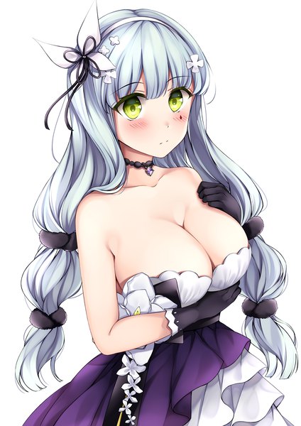 Anime picture 4092x5787 with girls frontline hk416 (girls frontline) hk416 (starry cocoon) (girls frontline) yuzu072 single long hair tall image looking at viewer blush fringe highres breasts light erotic simple background hair between eyes large breasts standing white background twintails bare shoulders