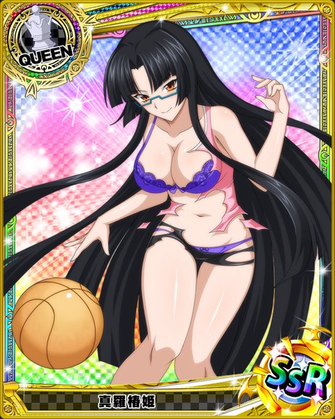 Anime picture 640x800 with highschool dxd shinra tsubaki single tall image looking at viewer breasts light erotic black hair brown eyes cleavage very long hair light smile torn clothes card (medium) girl underwear panties glasses lingerie bra
