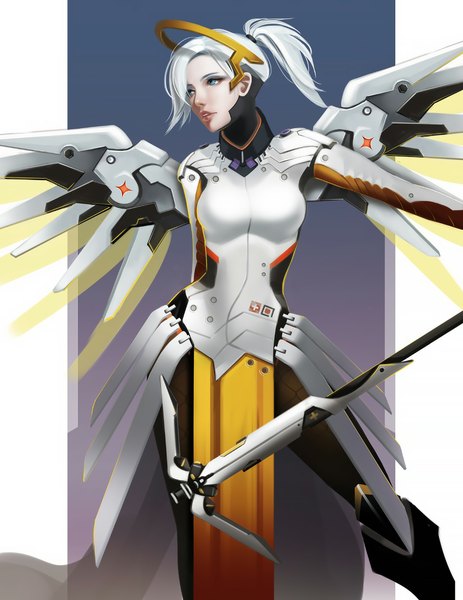 Anime picture 903x1170 with overwatch blizzard entertainment mercy (overwatch) long5009 single tall image fringe short hair blue eyes standing looking away silver hair ponytail lips realistic mechanical wings girl wings staff mechanical halo