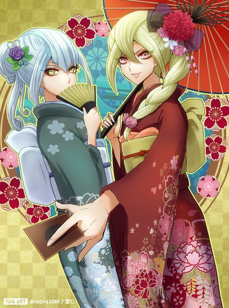 Anime-Bild 640x860 mit yu-gi-oh! gloria tyler grace tyler raijin-bh long hair tall image looking at viewer fringe smile hair between eyes red eyes standing multiple girls holding green eyes braid (braids) traditional clothes parted lips japanese clothes green hair