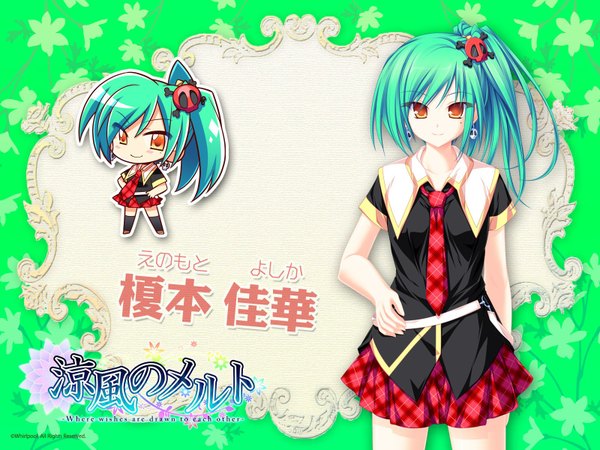 Anime picture 1600x1200 with suzukaze no melt enomoto yoshika tenmaso yellow eyes ponytail green hair mole mole under eye chibi girl serafuku skull