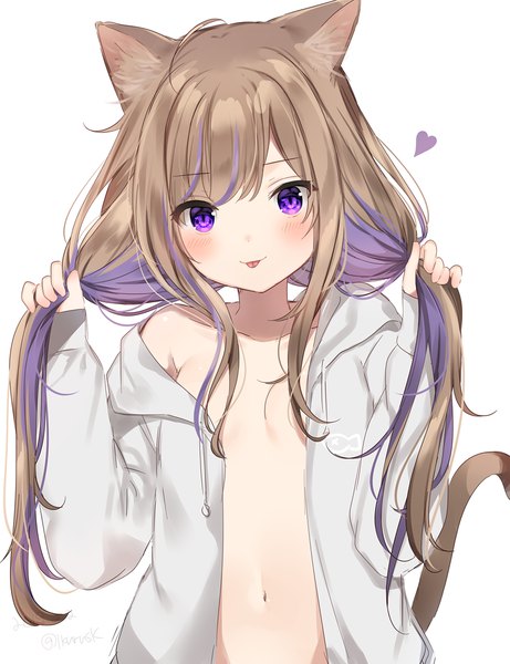 Anime picture 878x1142 with original leo (mafuyu) mafuyu (chibi21) single long hair tall image looking at viewer blush fringe breasts light erotic simple background smile brown hair standing white background purple eyes animal ears payot tail