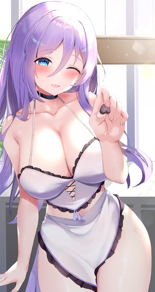 Anime picture 1181x2212 with princess connect! shizuru (princess connect!) usagi poi single long hair tall image looking at viewer blush fringe breasts open mouth blue eyes light erotic hair between eyes large breasts standing holding purple hair indoors one eye closed