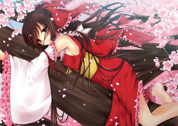 Anime picture 1200x848 with touhou hakurei reimu toshi (1-147) single long hair looking at viewer blush brown hair brown eyes cherry blossoms girl dress bow plant (plants) hair bow detached sleeves petals tree (trees)