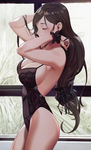 Anime picture 1124x1842 with final fantasy final fantasy vii square enix tifa lockhart salmon88 single long hair tall image breasts light erotic black hair large breasts standing bare shoulders indoors eyes closed profile underwear only adjusting hair low ponytail