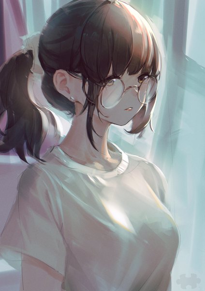 Anime picture 2480x3508 with original saw272 single tall image fringe highres short hair breasts brown hair standing brown eyes payot looking away upper body ponytail blunt bangs parted lips girl earrings glasses