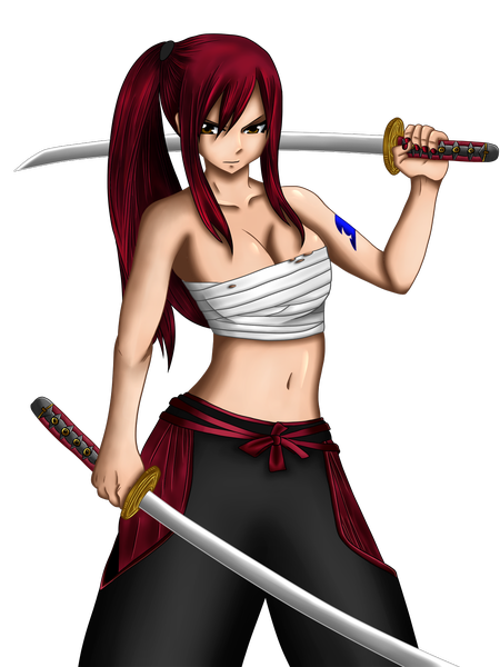 Anime picture 1200x1600 with fairy tail erza scarlet f4bl3-2 single long hair tall image light erotic holding brown eyes ponytail red hair midriff tattoo coloring transparent background dual wielding girl navel sword katana