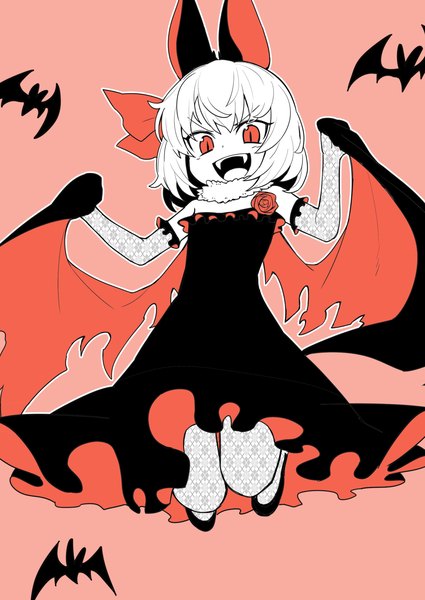 Anime picture 2150x3035 with touhou remilia scarlet oninamako single tall image looking at viewer highres short hair open mouth smile animal ears white hair orange eyes fang (fangs) slit pupils jumping outline polychromatic girl dress