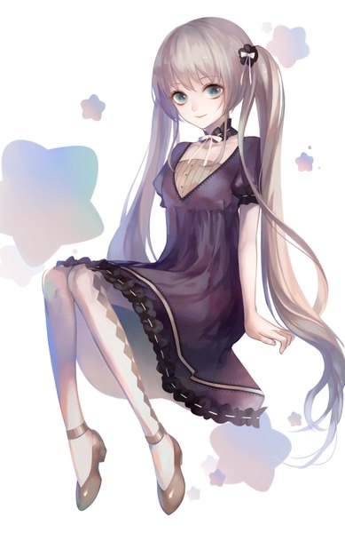 Anime picture 649x1000 with original zek (zecola) single long hair tall image looking at viewer fringe sitting twintails payot full body bent knee (knees) aqua eyes grey hair arm support puffy sleeves frilled dress weightlessness girl dress