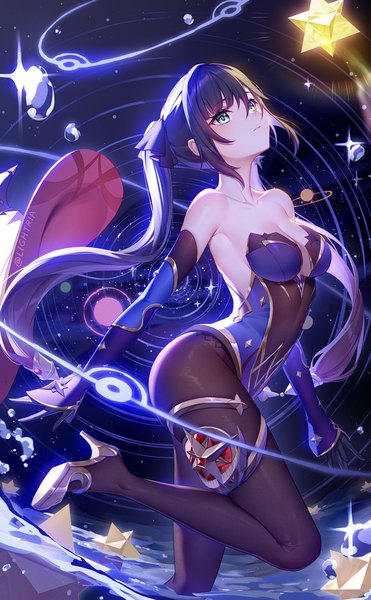 Anime picture 1102x1784 with genshin impact mona megistus lightria single long hair tall image fringe breasts blue eyes light erotic black hair hair between eyes standing twintails bare shoulders signed cleavage long sleeves high heels twitter username