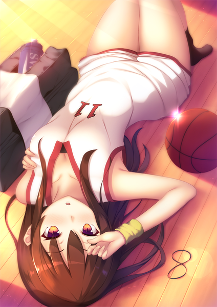 Anime picture 848x1200 with original moe2017 momo no kanzume single long hair tall image looking at viewer blush fringe open mouth hair between eyes brown hair brown eyes looking away lying sunlight shadow no shoes hand on chest hand on head