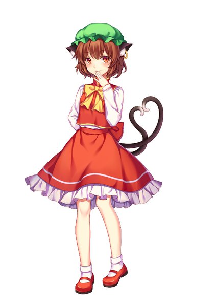 Anime picture 700x989 with touhou chen mirror (xilu4) single tall image blush short hair simple background smile red eyes brown hair white background animal ears full body tail animal tail cat ears cat girl cat tail piercing