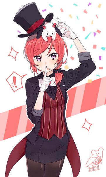 Anime picture 652x1082 with love live! school idol project sunrise (studio) love live! nishikino maki 14 (vision5032) single long hair tall image blush fringe open mouth standing white background purple eyes signed looking away red hair alternate costume finger to mouth dated