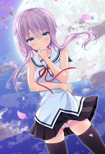 Anime picture 683x1000 with original shiwasu horio single long hair tall image looking at viewer blush fringe blue eyes light erotic hair between eyes standing bare shoulders payot purple hair cloud (clouds) outdoors pleated skirt wind blurry