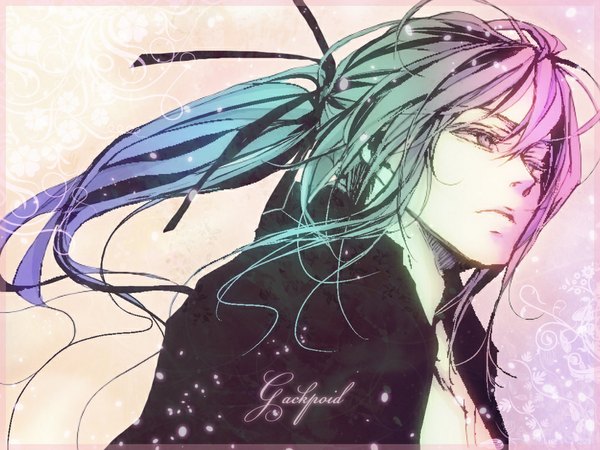 Anime picture 1024x768 with vocaloid kamui gakupo tagme (artist) single long hair purple eyes ponytail multicolored hair inscription wallpaper border boy