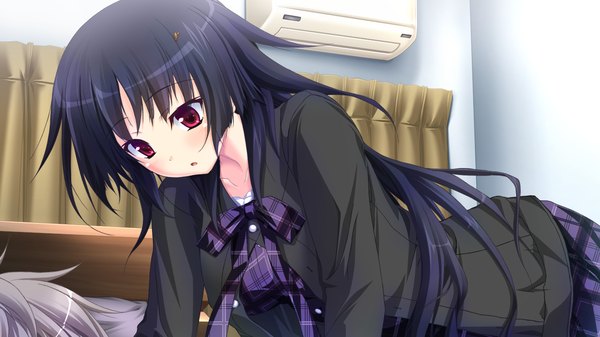 Anime picture 1280x720 with hapymaher purple software hasuno saki tsukimori hiro long hair blush open mouth black hair red eyes wide image game cg girl dress