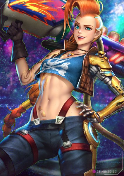 Anime picture 2480x3508 with league of legends jinx (league of legends) nudtawut thongmai single tall image looking at viewer highres open mouth smile holding braid (braids) very long hair aqua eyes orange hair realistic teeth bare belly tattoo alternate costume hand on hip