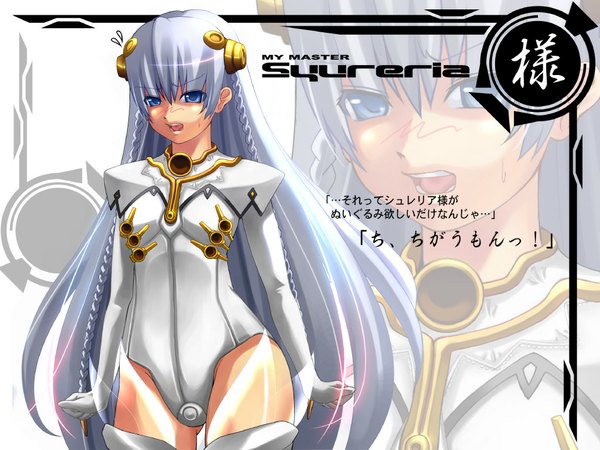 Anime picture 1024x768 with ar tonelico gust (company) shurelia (ar tonelico) shiki (psychedelic g2) single long hair blush fringe open mouth blue eyes light erotic hair between eyes silver hair braid (braids) :o zettai ryouiki character names thighs text hieroglyph