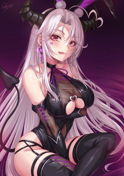 Anime picture 1500x2121 with original sakiyamama single tall image looking at viewer blush fringe breasts light erotic simple background hair between eyes red eyes large breasts sitting bare shoulders signed animal ears payot cleavage silver hair