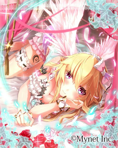 Anime picture 800x1000 with valkyrie no monshou takanashi kei (hitsujikan) single long hair tall image looking at viewer blush light erotic blonde hair pink eyes girl dress petals wings frills feather (feathers)