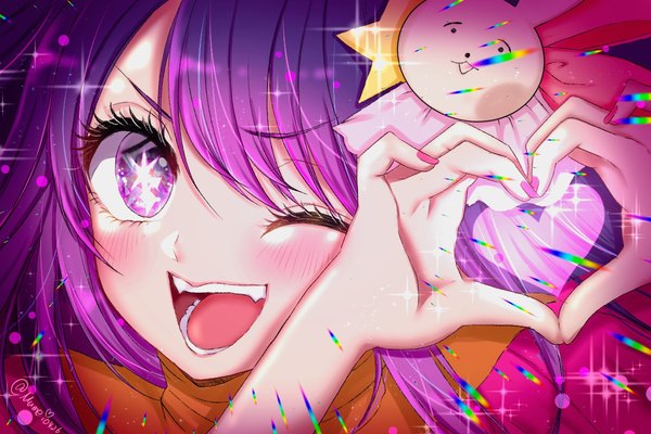Anime picture 1200x800 with oshi no ko hoshino ai (oshi no ko) mumei (mumei0426) single long hair looking at viewer blush fringe open mouth hair between eyes purple eyes signed purple hair upper body one eye closed wink sparkle twitter username symbol-shaped pupils ;d