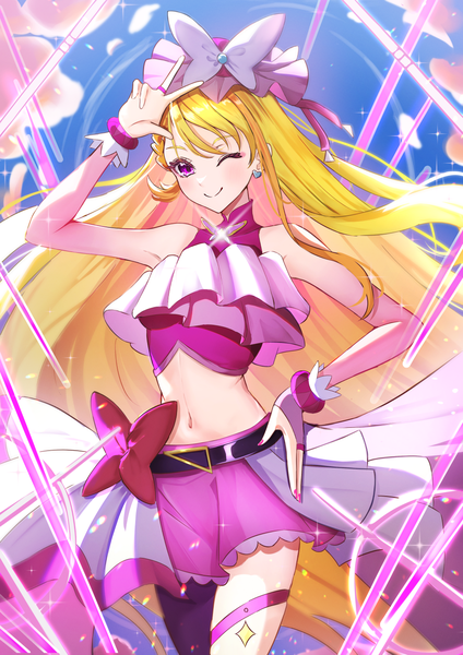 Anime picture 992x1403 with precure hirogaru sky! precure toei animation hijiri ageha cure butterfly gao kawa single tall image looking at viewer blonde hair smile very long hair nail polish one eye closed pink eyes arm up wink midriff hand on hip magical girl