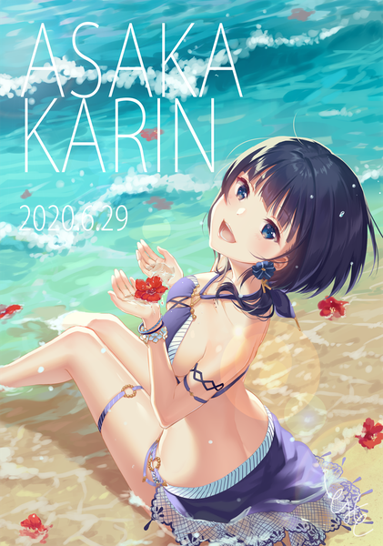 Anime picture 1000x1424 with love live! nijigasaki high school idol club sunrise (studio) love live! asaka karin tomiwo single tall image looking at viewer blush short hair open mouth blue eyes black hair sitting :d from above character names beach partially submerged lens flare