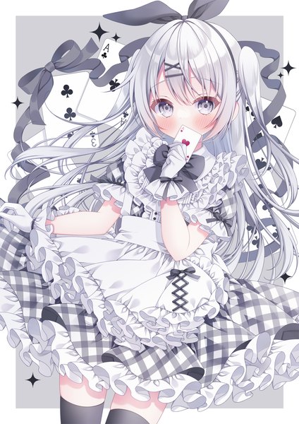 Anime picture 1414x2000 with original puu (kari---ume) single long hair tall image looking at viewer blush silver hair two side up border covered mouth silver eyes outside border lolita fashion plaid girl thighhighs gloves hair ornament ribbon (ribbons)