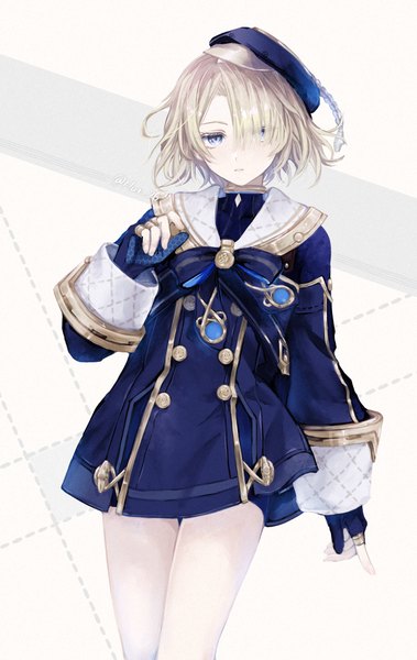 Anime picture 1505x2380 with genshin impact freminet (genshin impact) hur riri26 single tall image looking at viewer fringe short hair blue eyes blonde hair signed hair over one eye twitter username boy gloves beret sleeve cuffs partly fingerless gloves