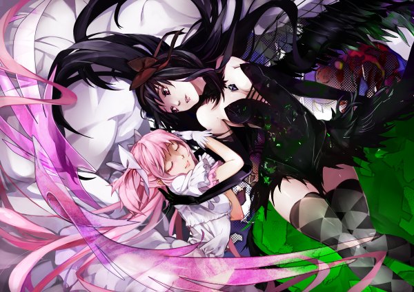 Anime picture 1200x848 with mahou shoujo madoka magica shaft (studio) akemi homura kaname madoka goddess madoka akuma homura tribute black hair smile red eyes twintails bare shoulders multiple girls pink hair eyes closed zettai ryouiki hug girl thighhighs dress