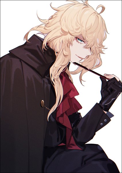 Anime picture 1041x1470 with touken ranbu nitroplus ichimonji norimune yamada chickenko single long hair tall image looking at viewer blue eyes simple background blonde hair white background upper body ahoge profile boy gloves black gloves partly fingerless gloves