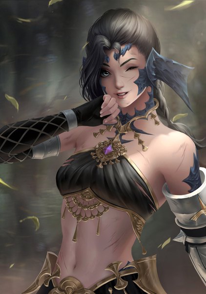 Anime picture 1280x1818 with final fantasy final fantasy xiv square enix au ra chubymi single long hair tall image looking at viewer fringe black hair bare shoulders upper body braid (braids) parted lips one eye closed horn (horns) realistic single braid silver eyes