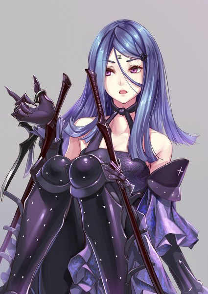 Anime picture 850x1200 with drakengard 3 drakengard drag-on dragoon 3 three (drag-on dragoon) gogo (detteiu de) single long hair tall image fringe open mouth simple background hair between eyes sitting bare shoulders looking away purple hair pink eyes grey background forehead mark knees together feet apart