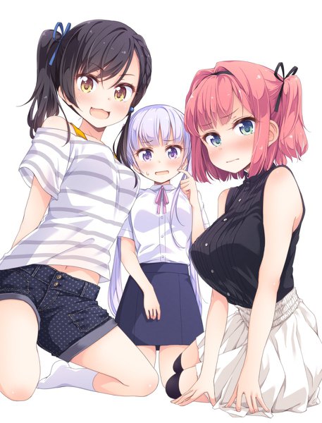 Anime picture 914x1200 with new game! doga kobo suzukaze aoba mochizuki momiji narumi tsubame tokunou shoutarou long hair tall image looking at viewer blush fringe short hair breasts open mouth blue eyes black hair simple background large breasts white background sitting